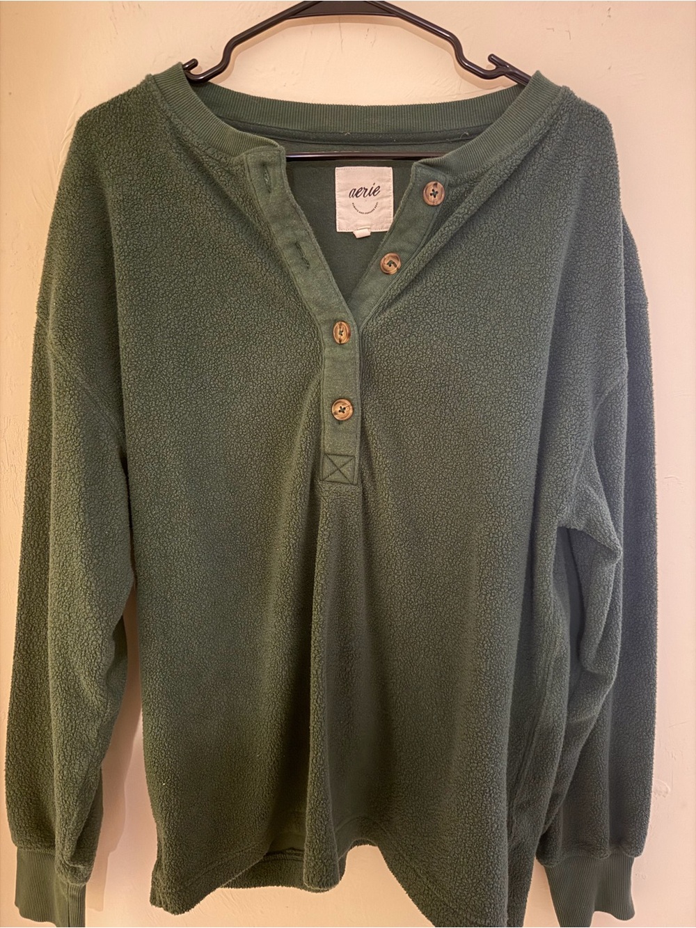 Aerie Olive Green V-Neck Button Fleece Pullover Set